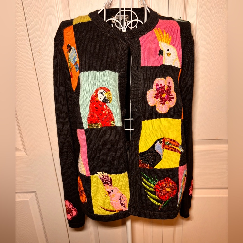 Vintage Berek Black Multicolor Hand Crafted Bird Cardigan - Picture 3 of 9